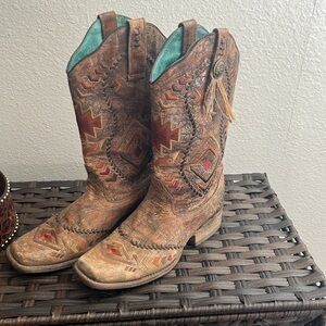 Vintage Western Cowboy Boots with Red and Brown Accents